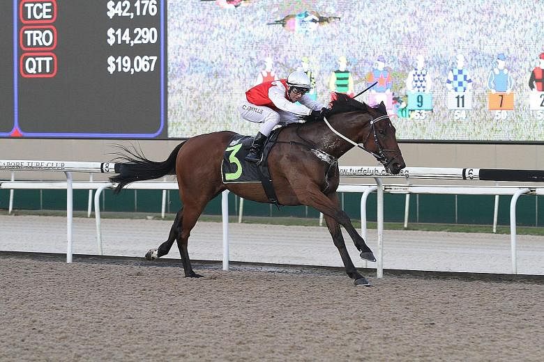 Glengallon proving too good first time out with a runaway victory in the $85,000 Restricted Maiden (1) event over the Polytrack 1,000m in Race 2 at Kranji last night.