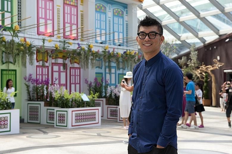 More than 14,000 orchids of 120 varieties are showcased amid tingkat carriers (above) and shophouse facades at the Orchid Extravaganza. Its creative director is Singaporean film-maker Royston Tan (left).