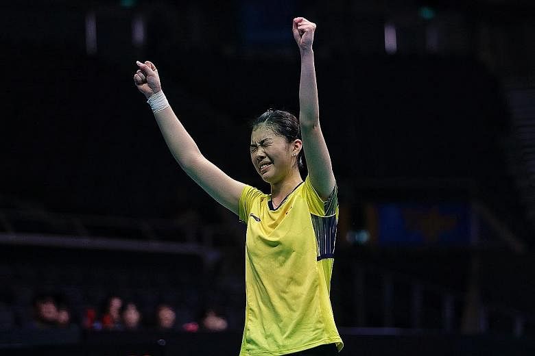 A joyous seventh seed Gao Fangjie after beating Thai second seed Nitchaon Jindapol in the semi-finals at the Singapore Indoor Stadium yesterday. The Chinese will be gunning for her first major senior title.