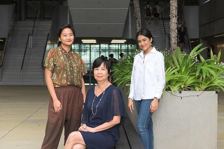 (From far left) Ms Joy Ho, freelance illustrator and cartoonist; Sota principal Lim Geok Cheng; and Ms Amni Musfirah, songwriter and producer. She also releases her own songs. Mr Milon Goh, besides performing in theatre shows in London and Singapore,