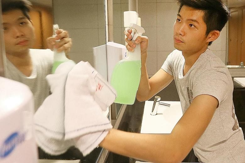 Left: Domestic cleaner Bryan Ang cleaning a toilet. More people are using online platforms to look for cleaners to tidy up their homes. Far left: Mr Justin Khoo hires part-time help from ServisHero, where Mrs Candy Wei, 33, is a supervisor.