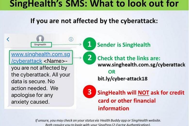 In a Facebook post, SingHealth said that recipients of the SMS notification should check the links in the message and that the sender is SingHealth. It also alerted the public to suspicious phone calls on the cyber attack.