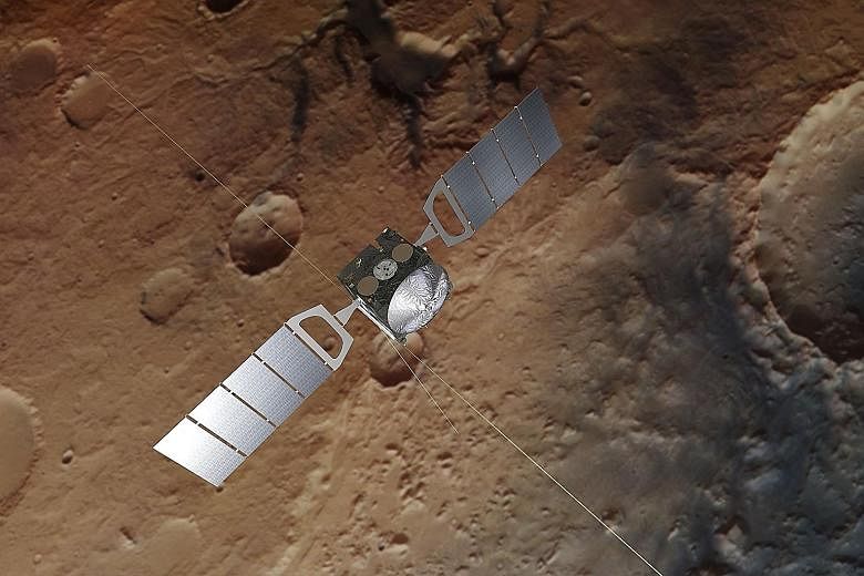 This photo released by the European Space Agency shows the south polar region of Mars where radar data collected by the Mars Express points to a pond of liquid water buried under layers of ice and dust. An artist's impression of the European Space Ag