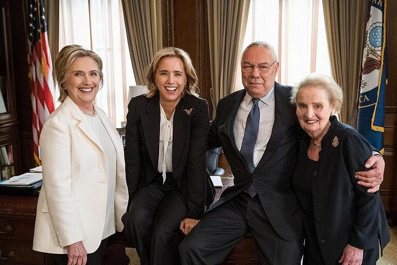 Fictional Secretary of State Elizabeth McCord, played by Tea Leoni (second from left), with former United States secretaries of state (from left) Hillary Clinton, Colin Powell and Madeleine Albright.