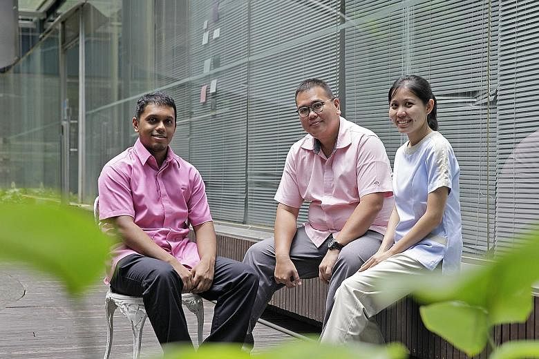From left: Nurses from the community care sector Mirza Abdul Halim, 28, Casey Wong, 44, and Madeleine Lam, 30, have different stories as to how they came to work in the healthcare sector, but they share a firm commitment to service.