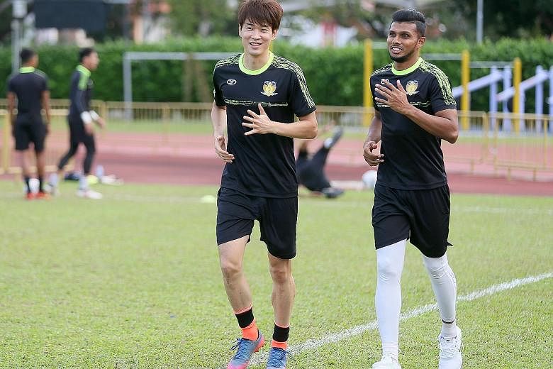 New strikers Chang Jo-yoon (left) and Fazrul Nawaz in training with the Cheetahs, who hope the pair can lift them off the bottom and avoid finishing last for the second time in four seasons.