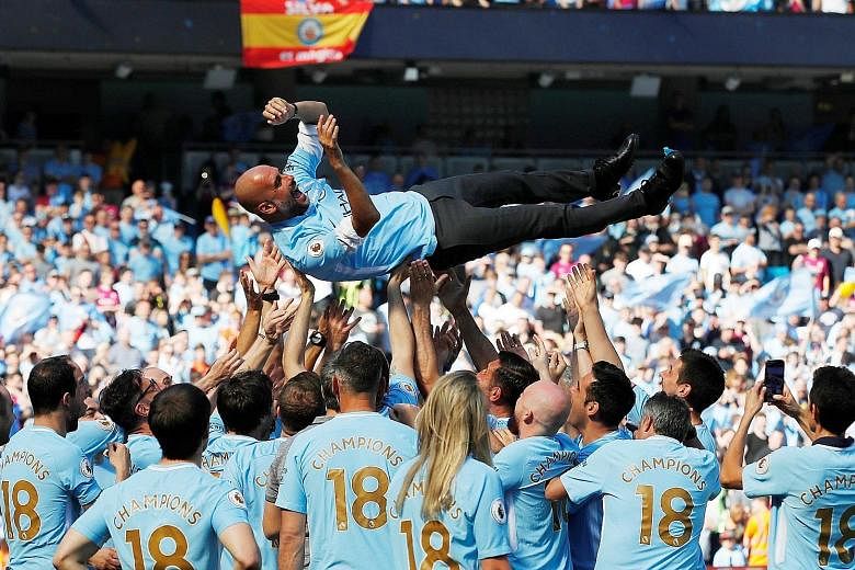 Pep Guardiola celebrating his first Premier League title with Manchester City. The Catalan is promising to leave no stone unturned to lead his side to more silverware, starting with the Community Shield.