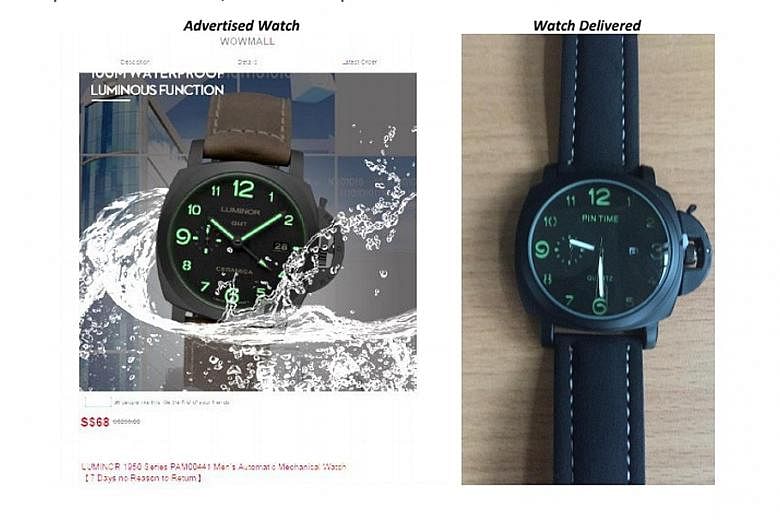 Wowmall advertised a "Luminor" watch (left), but shoppers said they received a different brand instead (right).