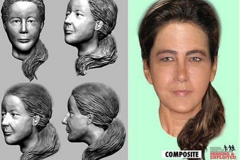 A 3D plaster reconstruction of the face of "Lady in the Dunes" (far left) and a composite sketch (left).