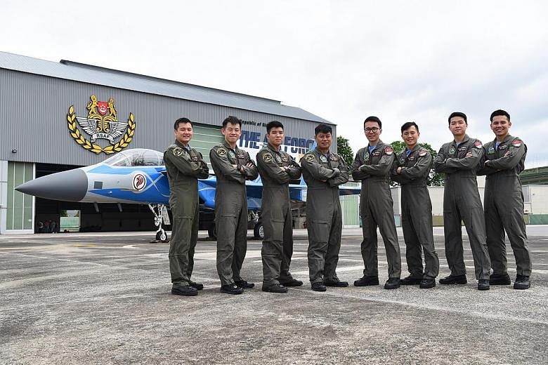 The team of six fighter pilots and two weapon system officers involved in the fighter jets' aerial display: (from left) Cpt Low Wei Liang, Cpt Dominic Wong, Cpt Paul-Matthew Lim, Major Chang Haw Ning, Major Lloyd Lin, Cpt Matthew Foo, Cpt Pee Jun Yon