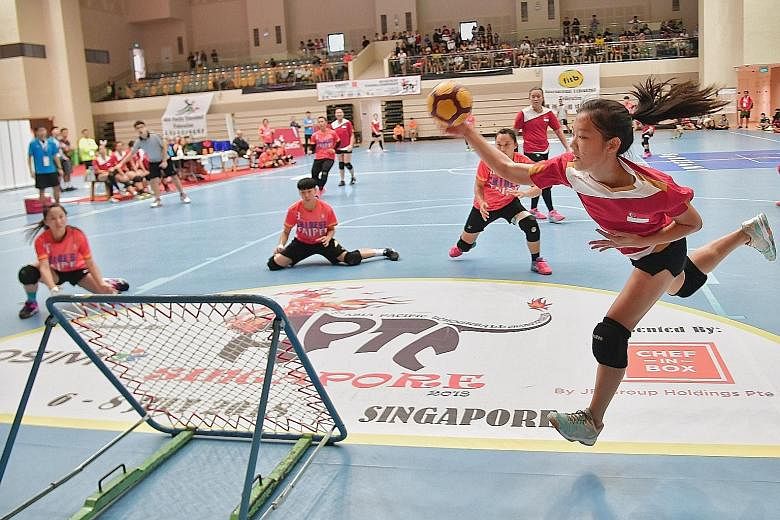 Celine Sheum taking a shot in Singapore's 56-38 loss to Chinese Taipei in the women's final at last month's Asia Pacific Tchoukball Championships at Our Tampines Hub.