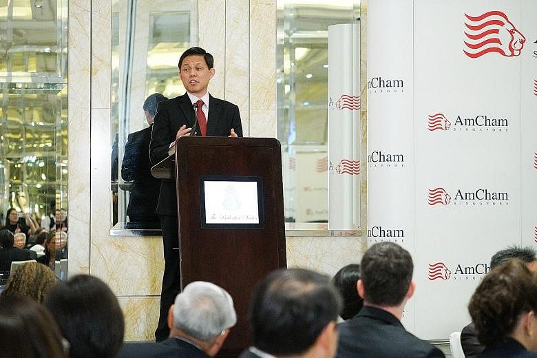 Minister for Trade and Industry Chan Chun Sing speaking at a lunch event organised by the American Chamber of Commerce in Singapore yesterday.