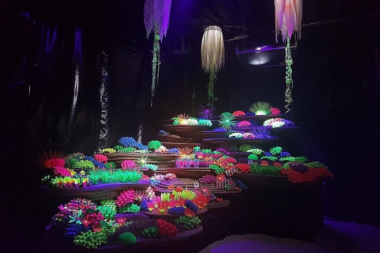 Colourful coral and neon anemones highlight the beauty that exists beneath the waves, but these specimens also remind people of the dangers facing marine life, for they are made of plastic. Titled Plastic Ocean, the display is part of Keppel Club's E