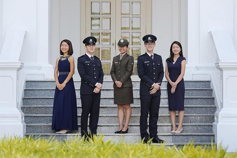 This year's President's Scholars are (from far right) Ms Tan Xin Hwee, Mr Alden Tan Ming Yang, Ms Sharmaine Koh Mingli, Mr Stefan Liew Jing Rui and Ms Shi Peng Yi Penny. Ms Koh is also a Singapore Armed Forces Scholarship recipient, while Mr Tan and 