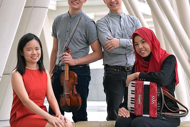 Alumni of the Yong Siew Toh Conservatory, (from left) Abigail Sin, Alan Choo, Chen Zhangyi and Syafiqah 'Adha Sallehin, who will perform at the Voyage: And Beyond music festival.