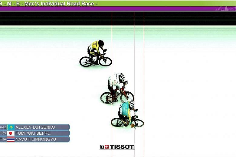 A photo finish was needed to separate Kazakhstan's Alexei Lutsenko, Japan's Fumiyuki Beppu and Thailand's Navuti Liphongyu for the top three spots in the men's 150km individual road race. Another Thai Peerapol Chawchiangkwang was fourth with the same