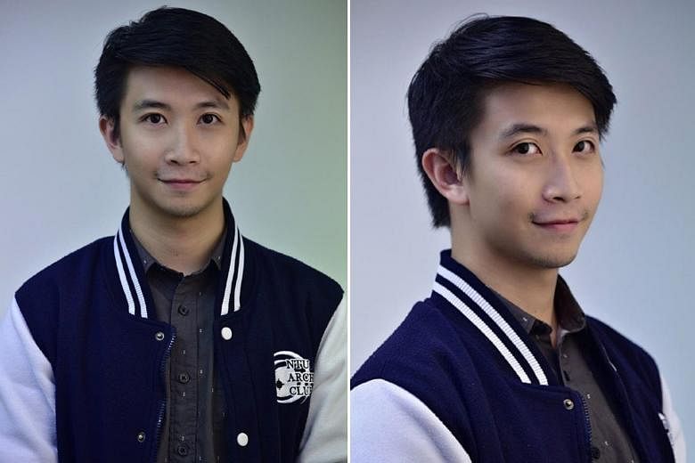 Above and below: Front and side views after photo-editing with the Meitu app. The subject's face was smoothed, his acne and dark circles were removed, his chin was sharpened, and his cheeks were widened. The unedited photos are on the right.