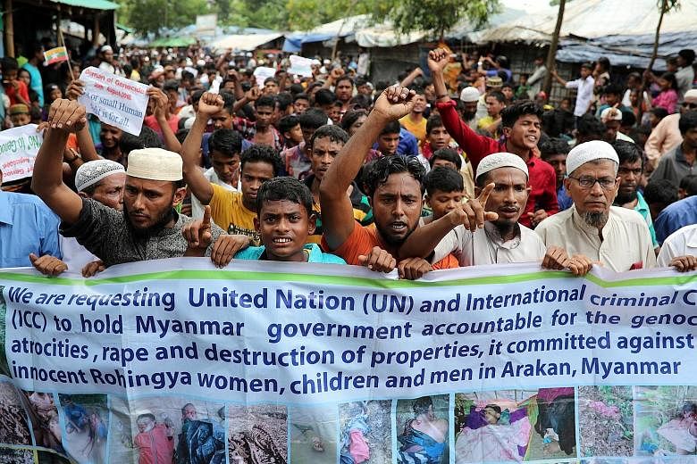 Angry Rohingya refugees yesterday marked the anniversary of their flight across the Myanmar border to Cox's Bazar in Bangladesh.