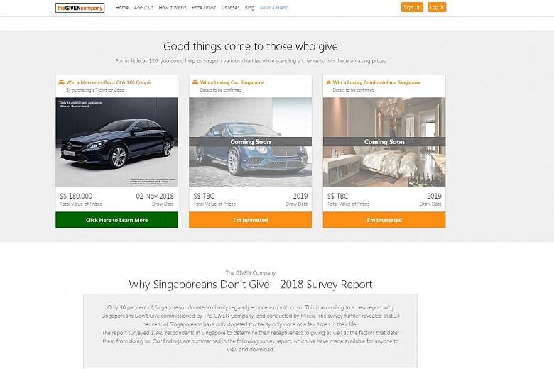 The Given Company (TGC) conducts donation draws on its website, where donations made towards its selected charities will give donors the chance to win prizes like a Mercedes-Benz car. Co-founder Charles Tan at The Given Company's launch on Wednesday.