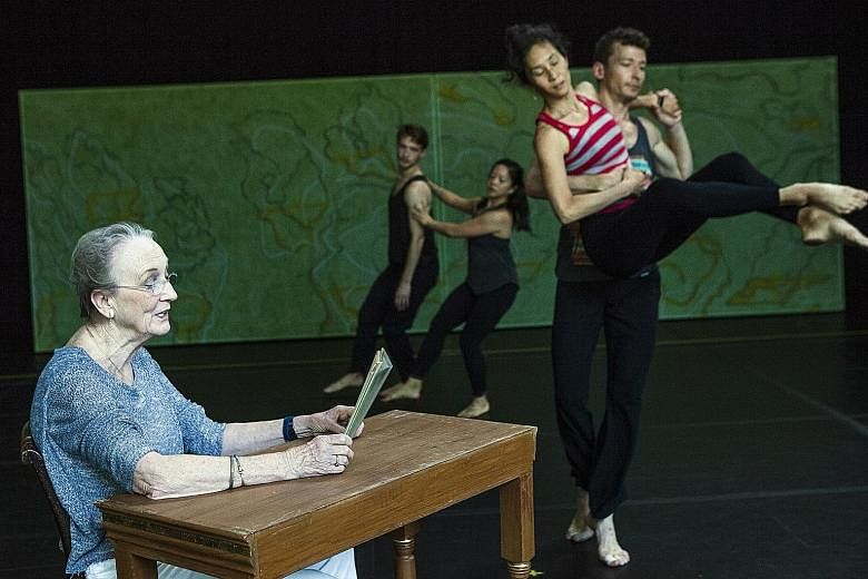 Actress Kathleen Chalfant narrating T.S. Eliot's Four Quartets during a rehearsal of the dance based on the poem.