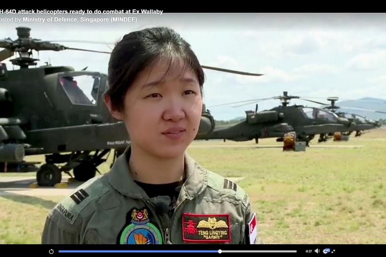 Captain Teng Ling Ying in a Ministry of Defence video in 2013, where she introduced herself as an Apache pilot in 120 Squadron. She was redeployed as an air warfare officer in January last year.