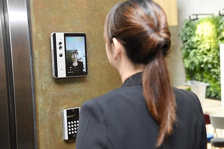 Right: The facial recognition door lock is used for entry to the offices and labs at innovation4.0. Far right: At the smart cafe, robot baristas use facial recognition technology to serve regular customers coffee suited to their tastes.
