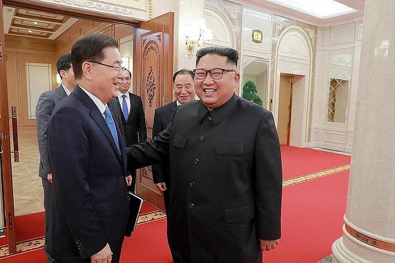 North Korean leader Kim Jong Un meeting South Korean envoy Chung Eui-yong in Pyongyang yesterday. The meeting was confirmed only after the delegation arrived in Pyongyang. Details of the meeting will be revealed only today.