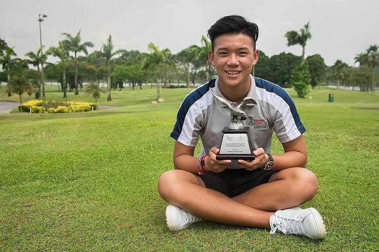 Brandon Han at Orchid Country Club yesterday with the Tay Cheng Khoon Eagle Award he received for being the best performer in the annual Community Youth Golf Programme. The 16-year-old Schools National B Division winner is in the national development