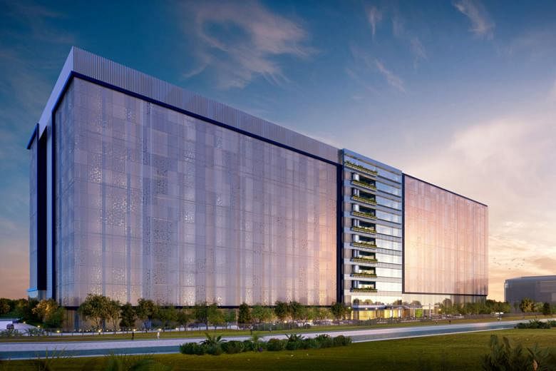 An artist's impression of Facebook's new data centre in Singapore, which will be located in Tanjong Kling. The 170,000 sq m building will feature a facade made out of a perforated lightweight material that will allow air flow and provide glimpses of 