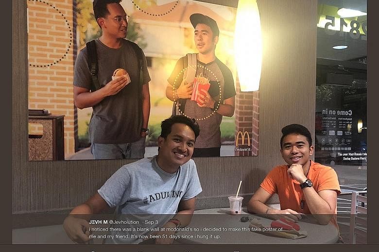 Unhappy that posters in a Houston McDonald's restaurant have no Asian representation, Mr Jevh Maravilla (right) roped in his friend, Mr Christian Toledo, to stealthily put up in the eatery a poster showing their faces.