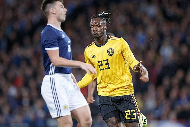 Belgium's Michy Batshuayi in high spirits after scoring against Scotland in their friendly at Hampden Park, Glasgow, on Friday. The striker scored twice in the 4-0 win.
