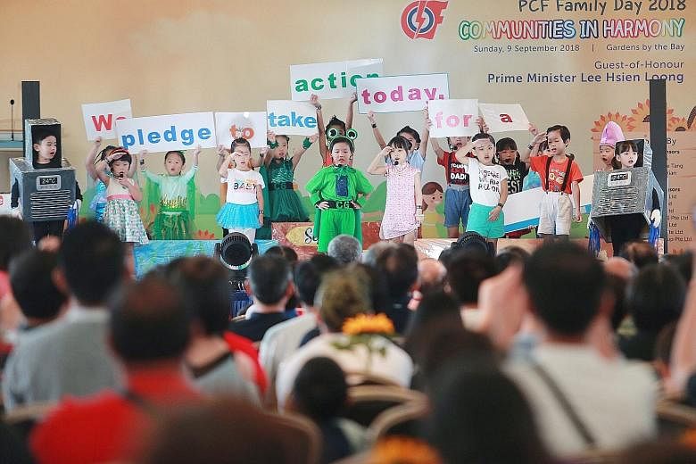 Children performing at the PAP Community Foundation (PCF) Family Day yesterday. Prime Minister Lee Hsien Loong said that providing affordable and high-quality pre-school education is an important way that the Government and the PCF are helping young 