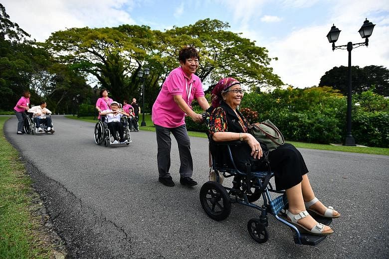 President Halimah Yacob welcomed 44 guests from HCA Hospice Care to a garden tour of the Istana yesterday. The guests, who included patients, HCA staff and caregivers, got to explore various parts of the garden, which has tembusu trees, a Vanda Miss 