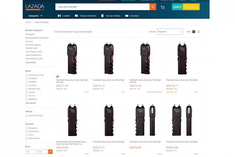 A search on Lazada's website on Sunday found at least 12 separate listings of the items, labelled as "heavy duty gear flashlight(s)", being sold for between $11 and $14. The listings did not clearly specify the charge the products can deliver, but ph