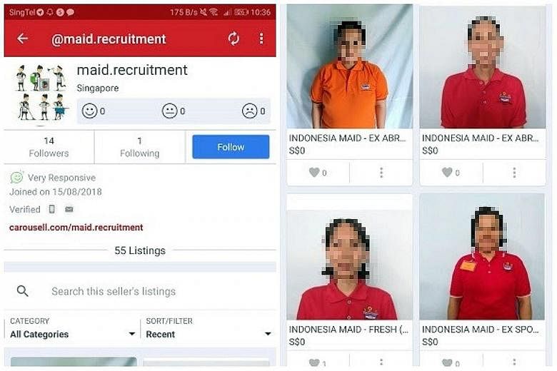 In Carousell listings by user @maid.recruitment, the faces of several maids, allegedly from Indonesia, were posted, with some profiles indicating that the maids have been "sold".