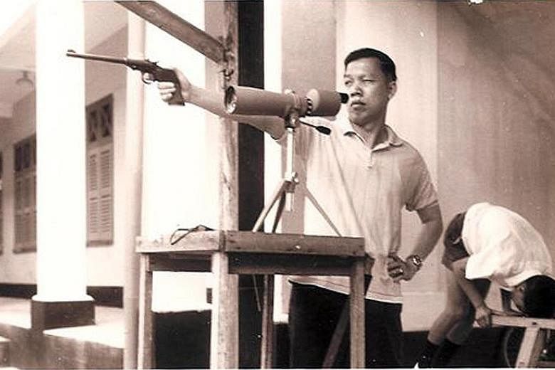 Dr Leong Heng Keng (above) in 2015, at the shooting range in Beach Road in 1968 (left) and stepping onto the dance floor with his wife, Madam Lo Tia Yia (below left), during his son's wedding dinner in 1998.