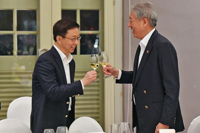 Vice-Premier Han Zheng was hosted to a welcome dinner by Deputy Prime Minister Teo Chee Hean at the Asian Civilisations Museum last night. Mr Han is here to attend the Joint Council for Bilateral Cooperation meeting between China and Singapore for th