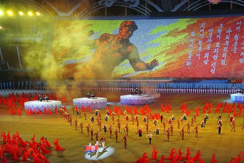 A display during the Mass Games held last Friday at Pyongyang's May Day Stadium. The showcase included the history of North Korea, from its founding in 1948 to talks with South Korean President Moon Jae-in in April.