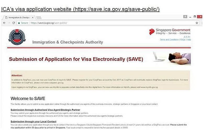 The Immigration and Checkpoints Authority has lodged a police report about a fake website (left) that is similar to the authority's real visa application webpage (right).