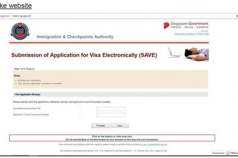 The Immigration and Checkpoints Authority has lodged a police report about a fake website (left) that is similar to the authority's real visa application webpage (right).