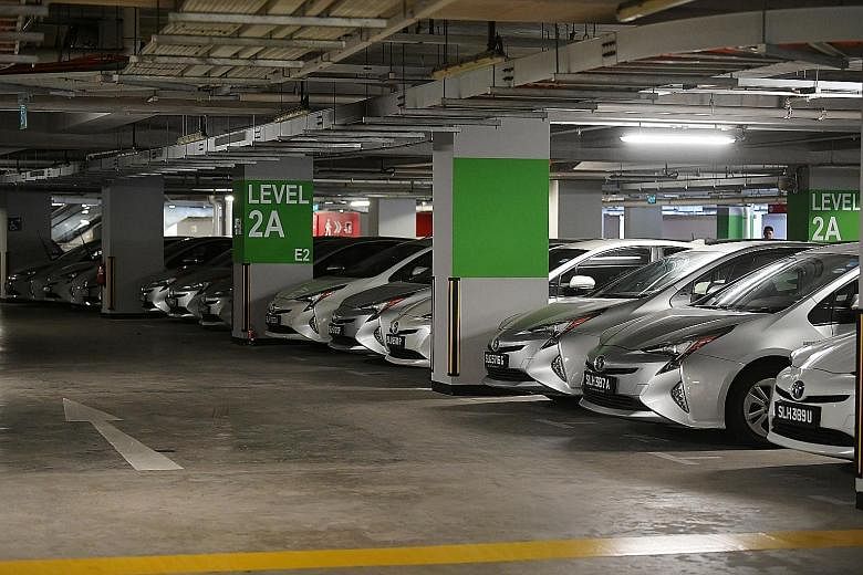 Lion City Rentals has been putting up its unhired cars for bidding by rental fleet owners and used car dealers. Several hundred of its cars are parked in places such as Big Box Singapore, Carros Centre and Sports Hub (above).