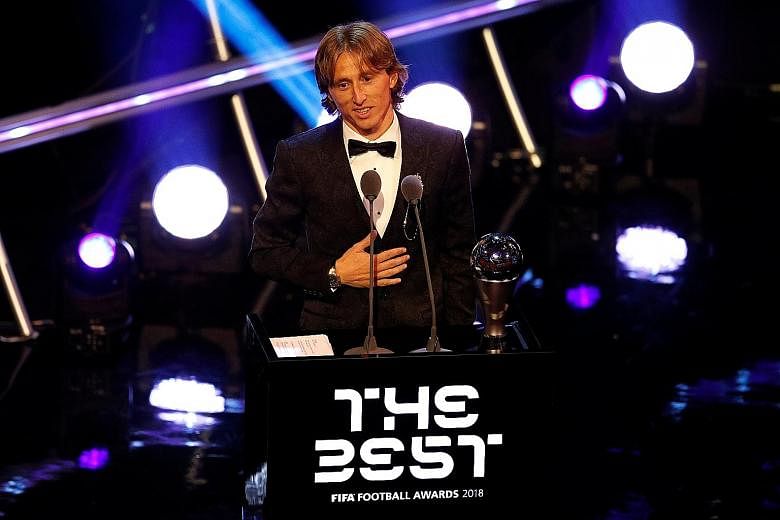 Luka Modric delivering his speech after winning Fifa's Best Men's Player award. The 33-year-old playmaker led Real Madrid to their third straight Champions League title last season.