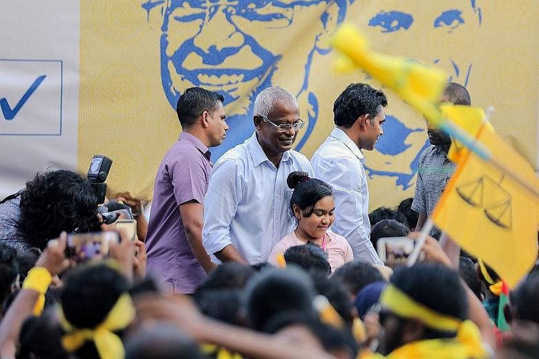 Maldivian President-elect Ibrahim Mohamed Solih (centre) with supporters in Male on Monday. Among the challenges he faces is that of balancing relations between India and China.