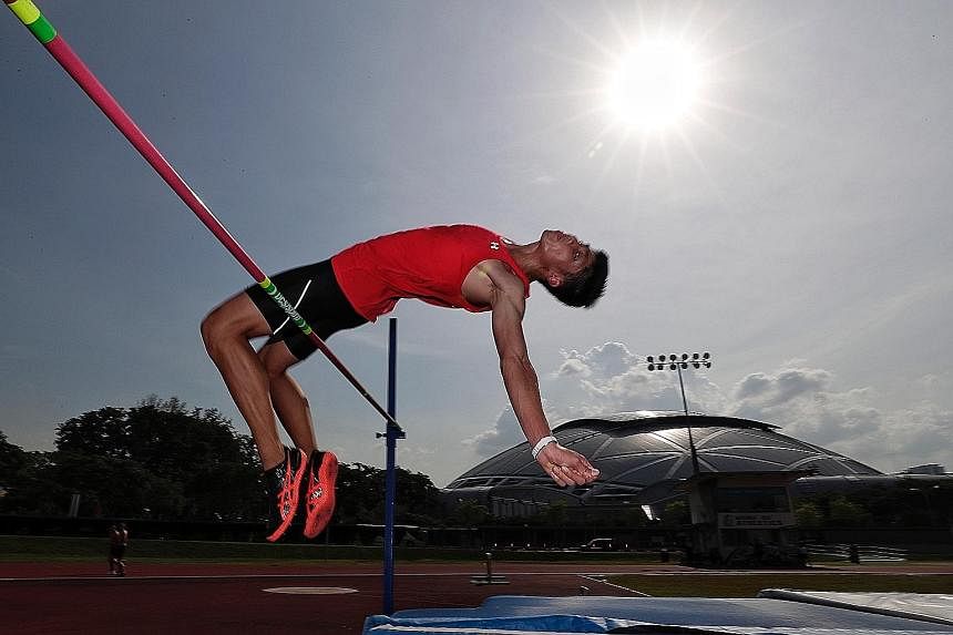 Kampton Kam going over the bar in training for the Youth Olympics, which start on Saturday in Buenos Aires, Argentina. The 17-year-old, whose personal best is 2.10m, says the adrenaline rush in competition spurs him on.