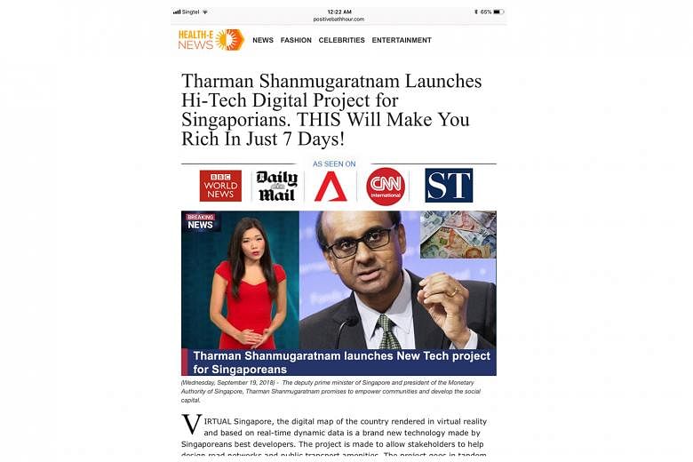 A screenshot of a fake bitcoin site with bogus remarks attributed to Deputy Prime Minister Tharman Shanmugaratnam. Such false endorsements are typically the work of crime gangs, say bitcoin experts.