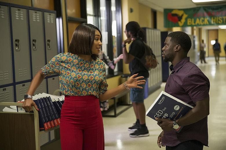 Night School, starring Tiffany Haddish and Kevin Hart (both left), earned about $38 million over the weekend.