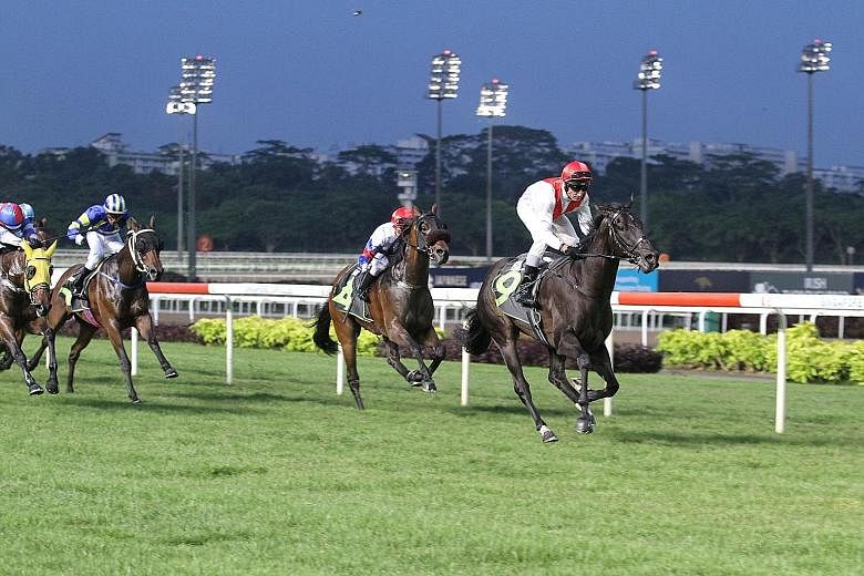 Trapio (No. 9) stepping up on two improving runs to take the $85,000 Restricted Maiden event over 1,400m on turf at Kranji last night.