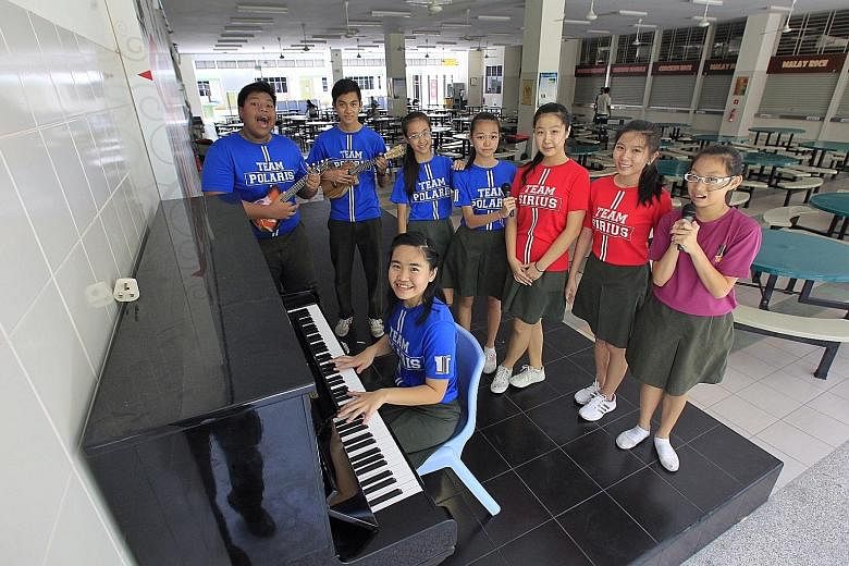 Above: Tampines Secondary School has attained niche status in creative expression, including performing and visual arts, and there are spaces in the school for students to showcase their skills, including in the canteen.