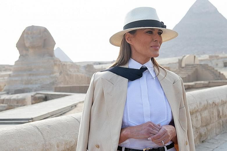 Nobody noticed the pyramids and the Sphinx. After photos of United States First Lady Melania Trump's visit to Egypt popped up last Saturday, netizens mostly zoomed in on her co-opting of fashion choices linked to pop icon Michael Jackson and movie ch