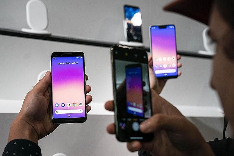 The new Pixel 3 smartphone at a Google event on Tuesday in New York. The phones go on sale from Oct 18 in the US and Nov 1 elsewhere.